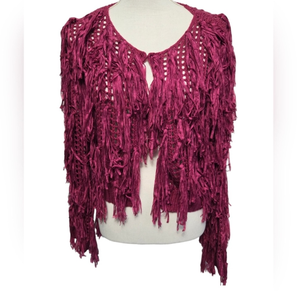 Anthropologie Maeve deep pink fuschia magenta cropped fringe cardigan sweater
